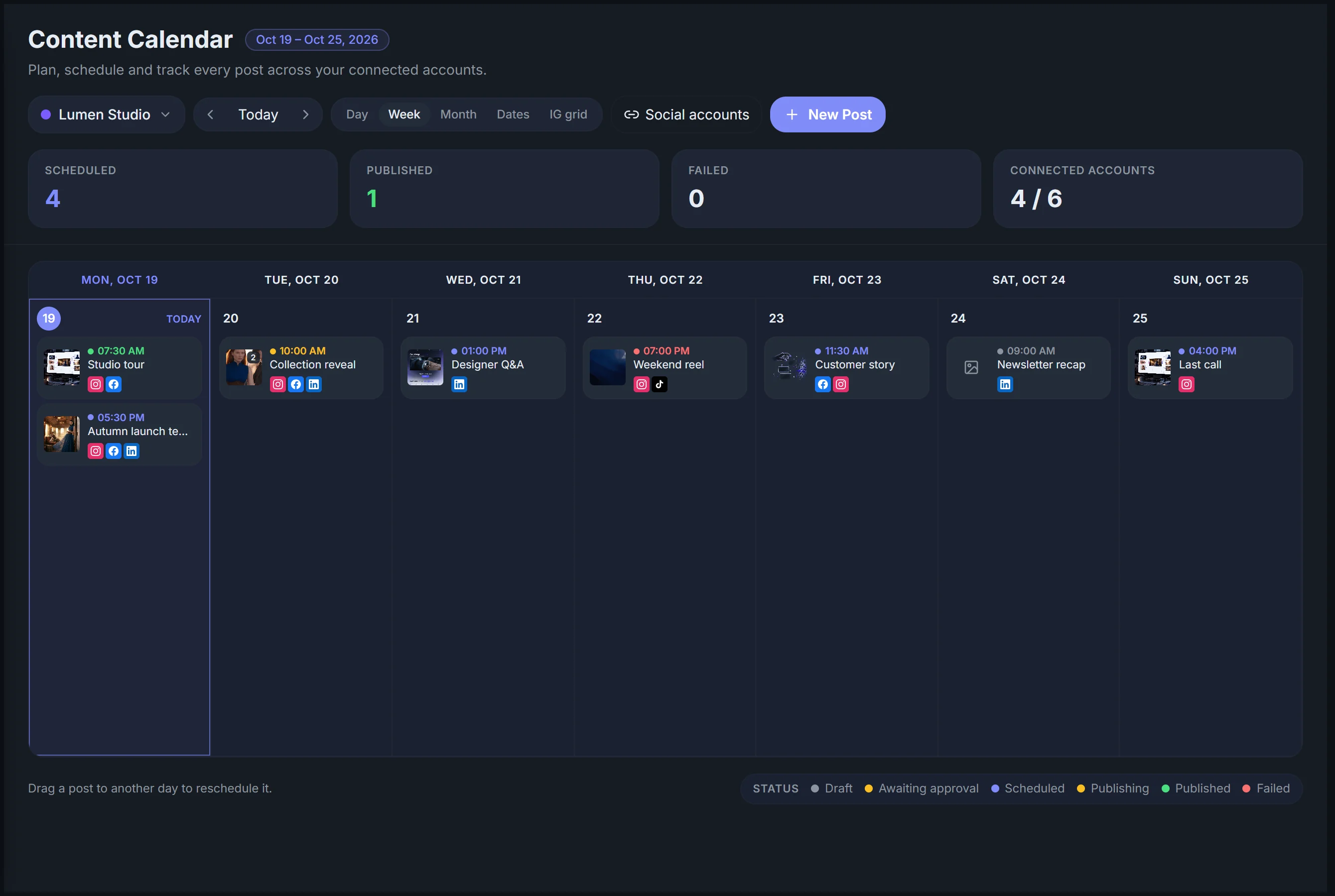 KroxSocial week calendar with drafts, scheduled posts and approval states in a fictional demo workspace