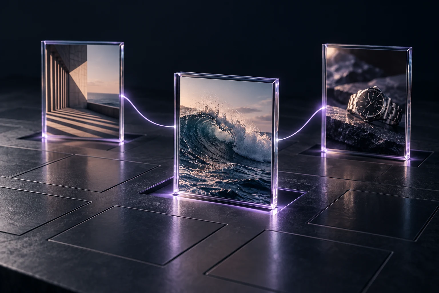 Cinematic content frames joined by a fine violet thread