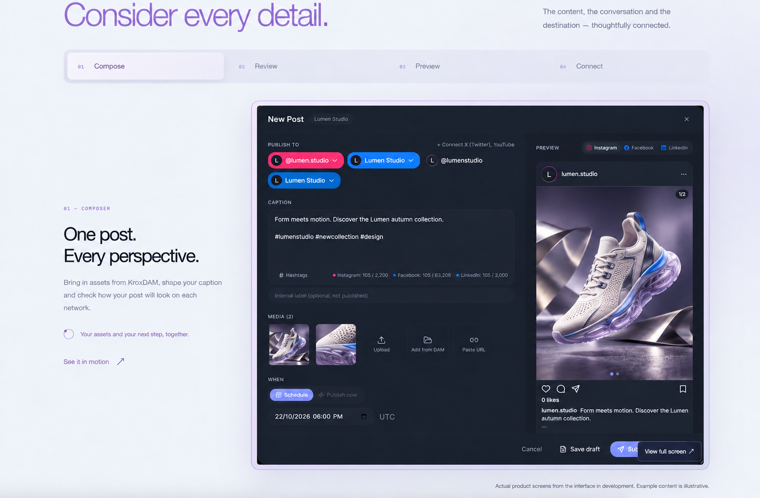 KroxSocial composer showing a new rendered sneaker campaign and Instagram preview