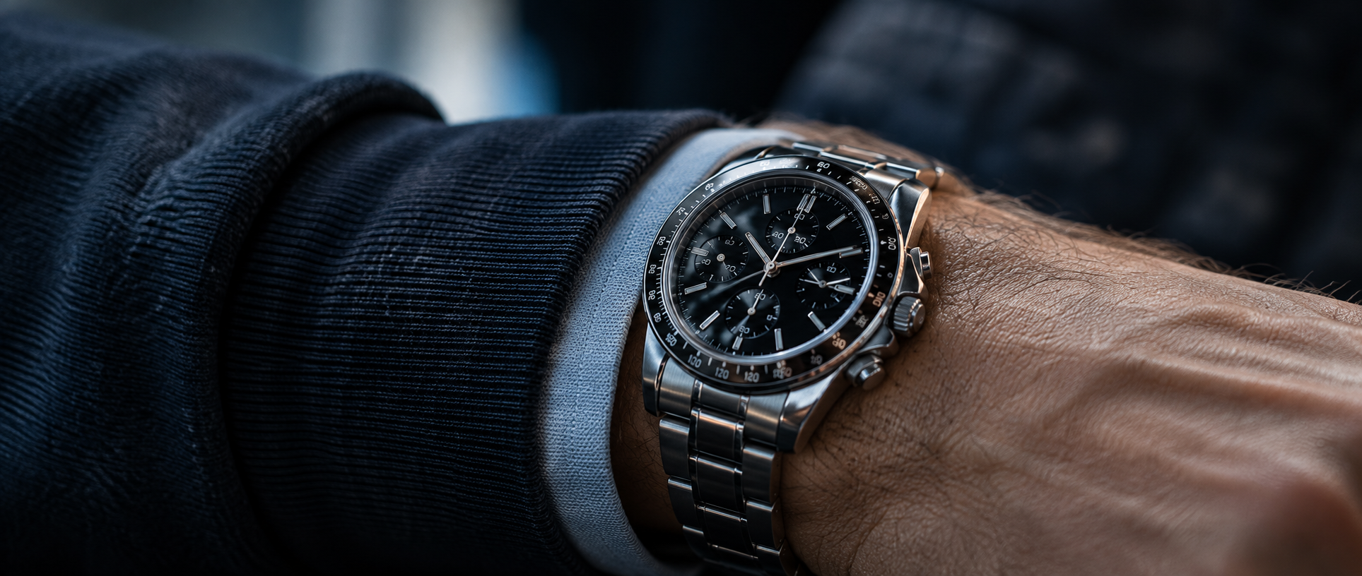 Original shot: a stainless steel wristwatch with a black dial.
