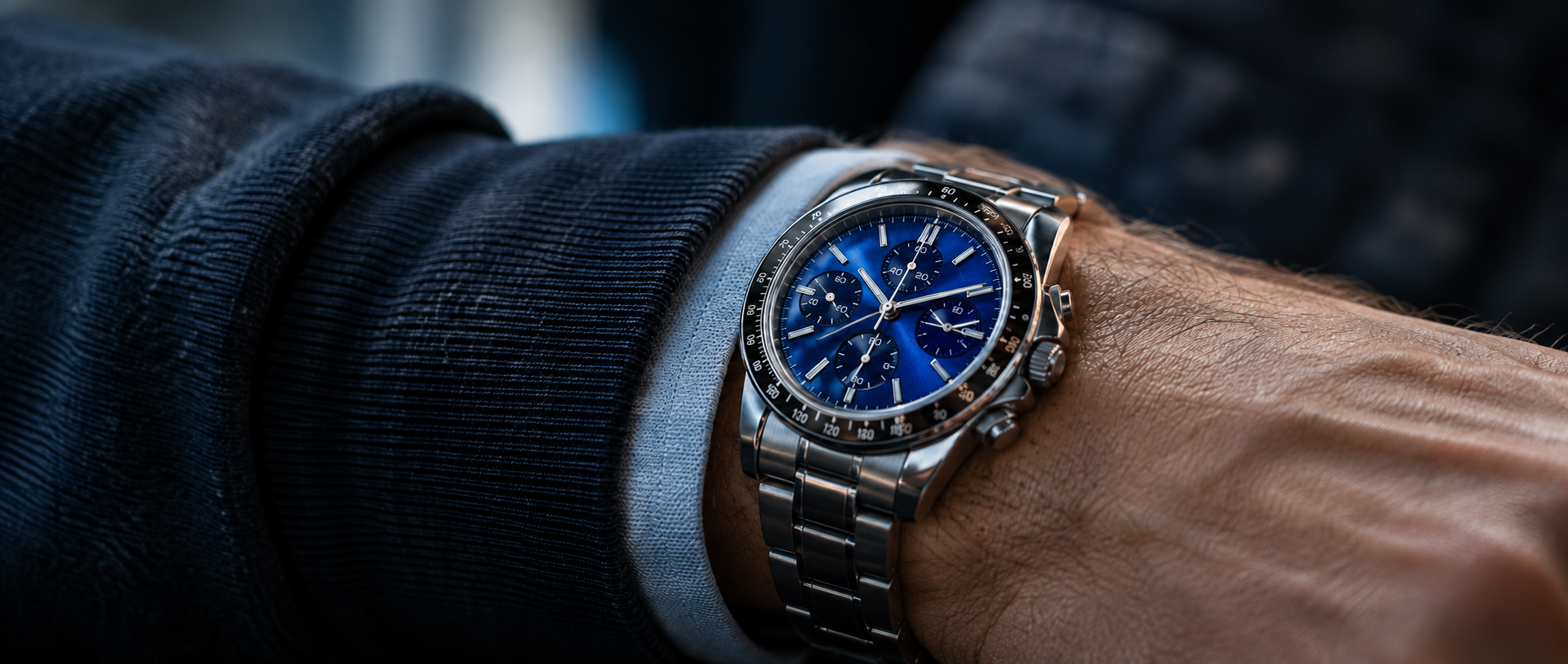 Revised shot: the same wristwatch with a blue dial.