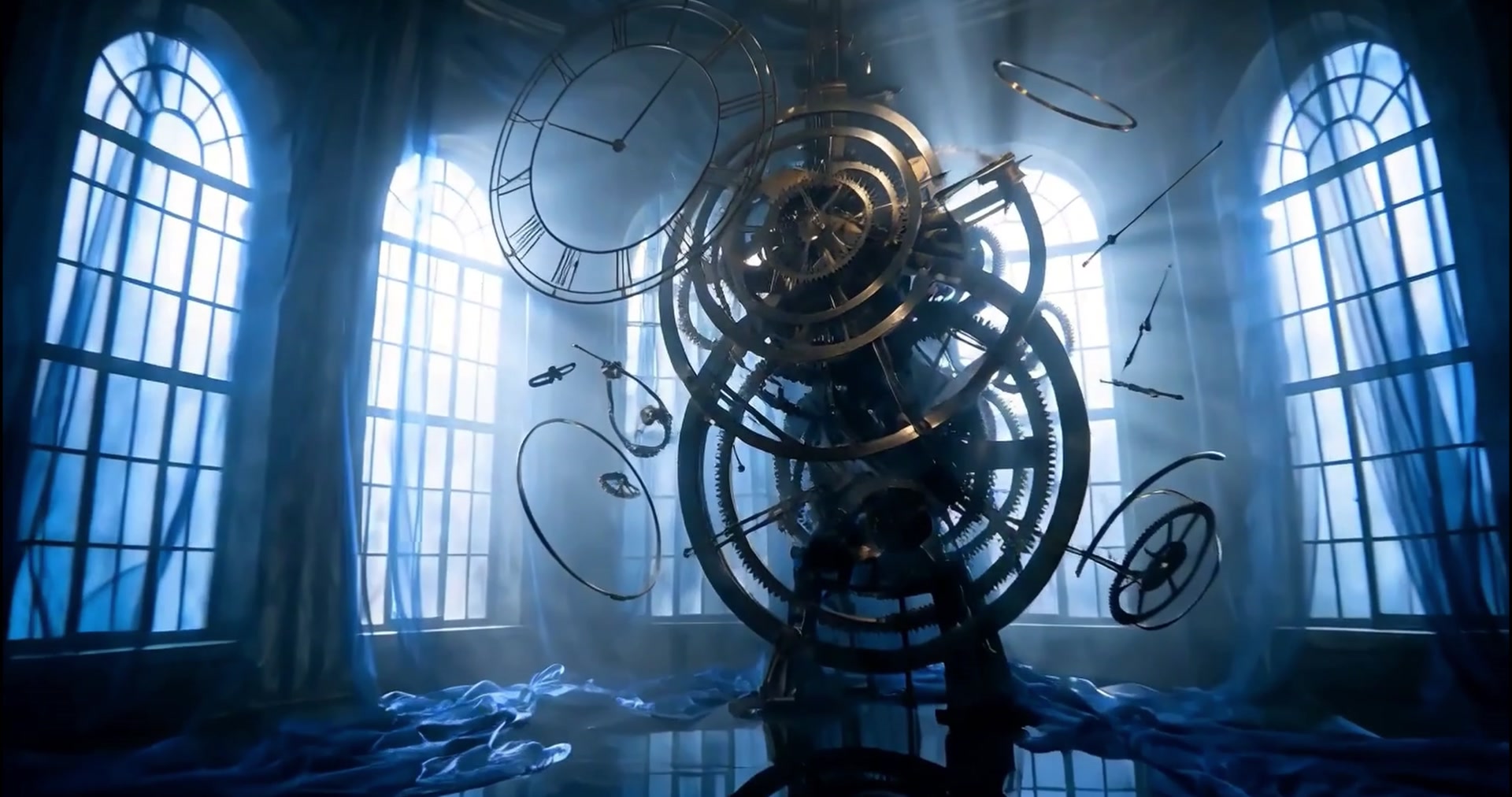 Cinematic mechanical sculpture in a blue-lit hall