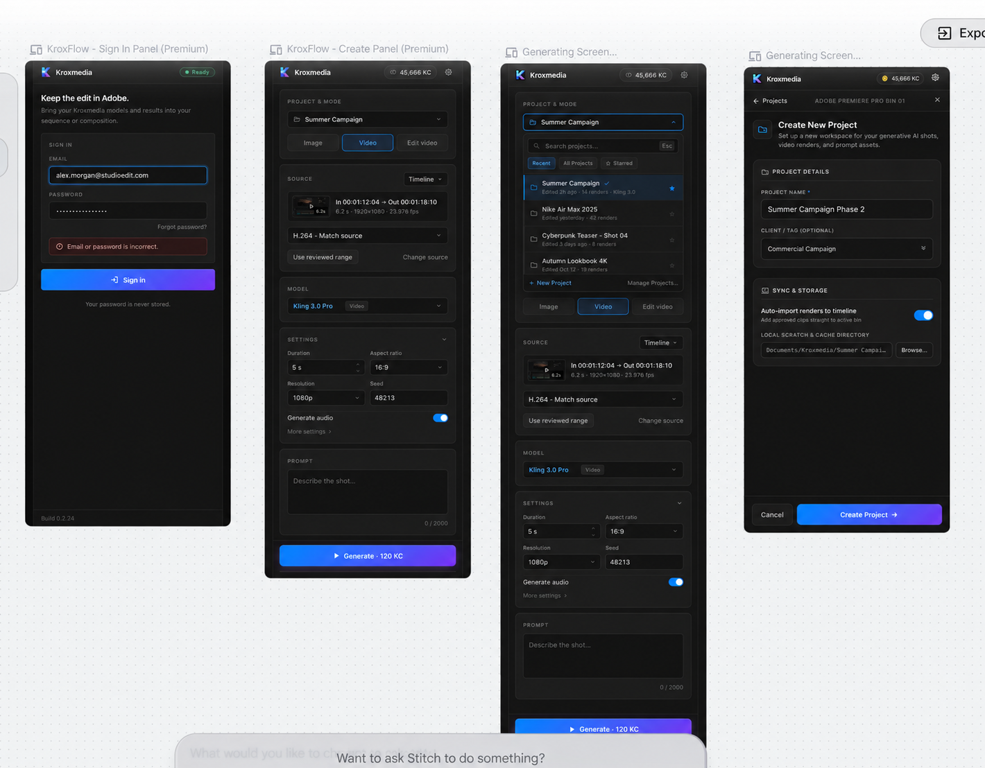 KroxMedia generation panel design with project and model settings