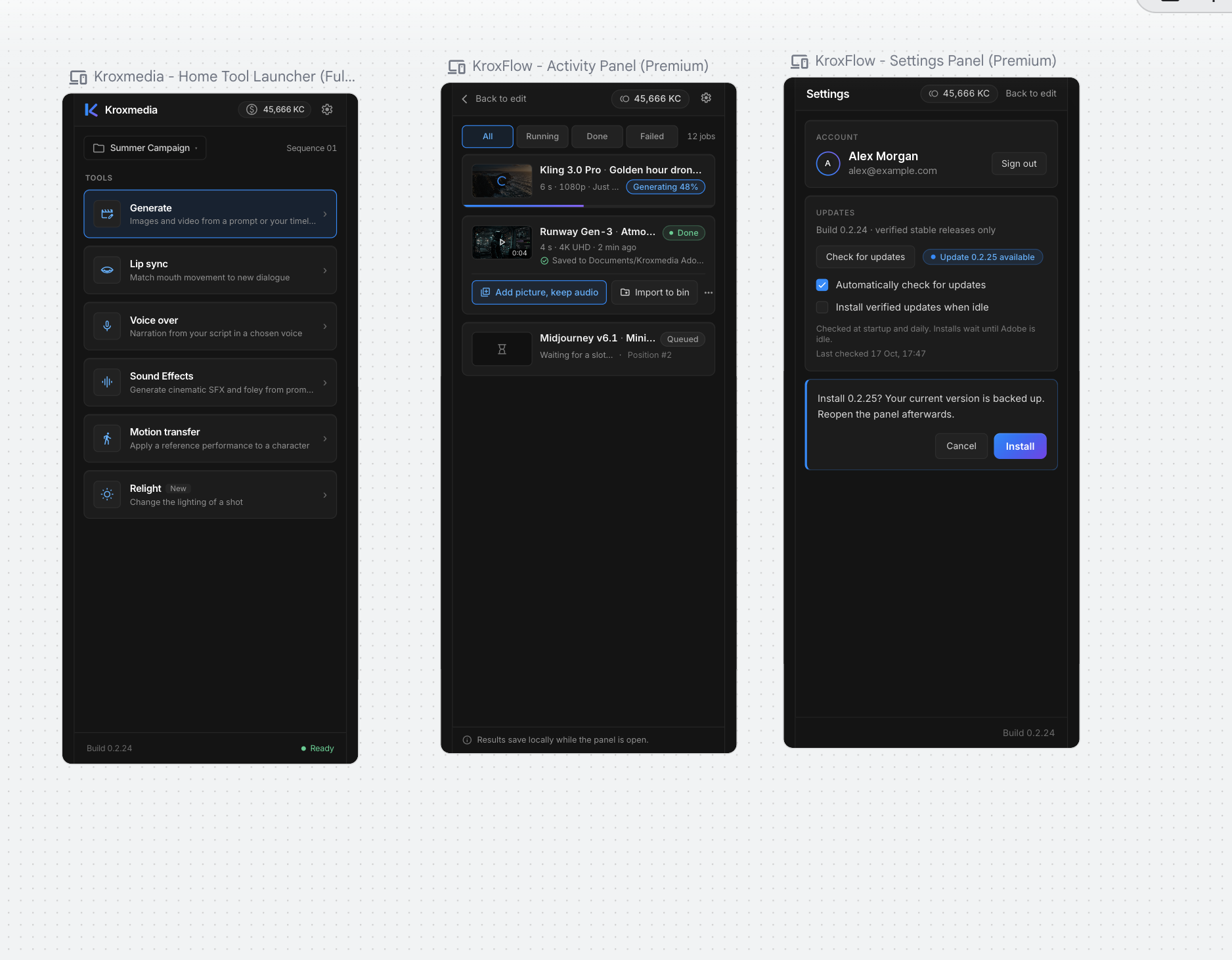 KroxMedia panel design showing the creative tool launcher